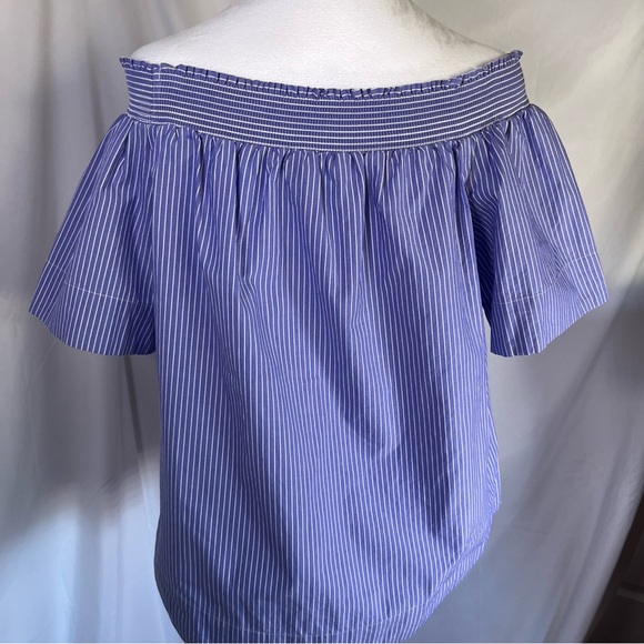 J. Crew Pin-Striped Off-Shoulder Top Blue with White Stripes Size 10 - Picture 6 of 8